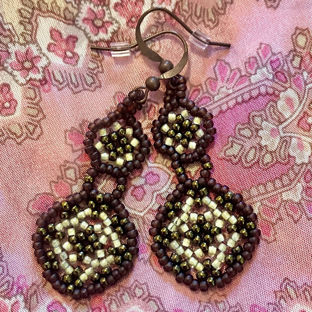 Handmade Miyuki Brown Olive Green Mandala Double Drop Beaded Statement Earrings